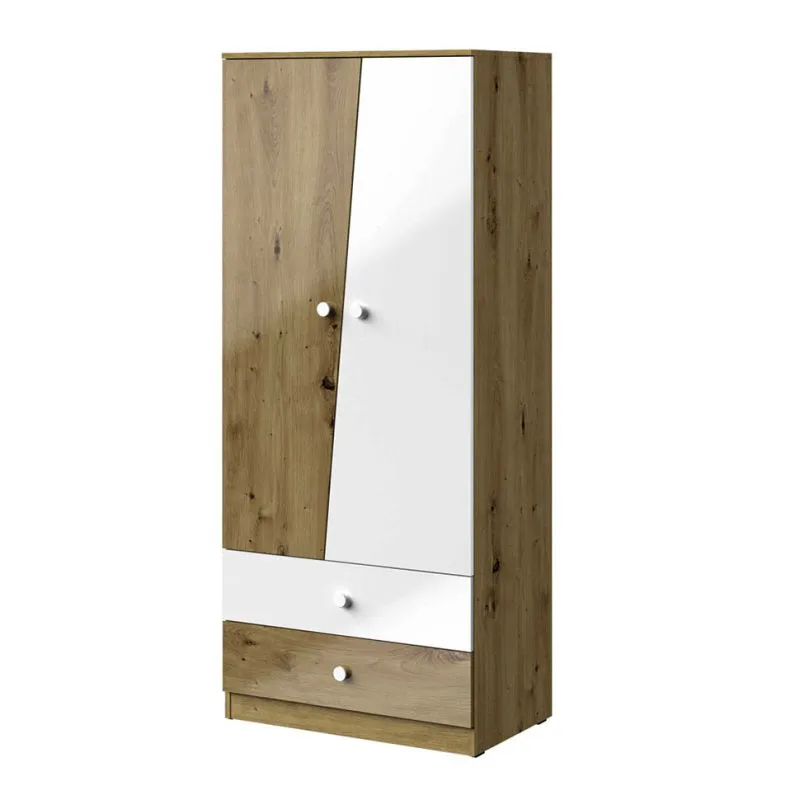 80 cm breiter Kleiderschrank mit 2 Türen, 4 Fächern und 2 Schubladen | Farbe: Eiche | Tiefe: 50 cm Abbildung