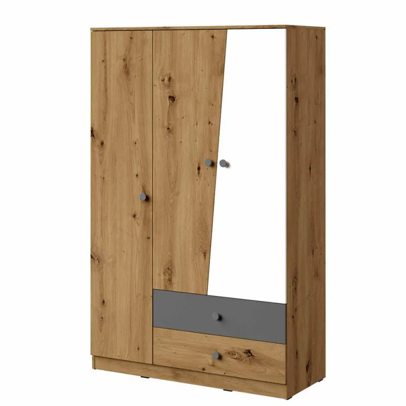 120 cm breiter Kleiderschrank mit 3 Türen, 6 Fächern und 2 Schubladen | Farbe: Eiche | Tiefe: 50 cm Abbildung