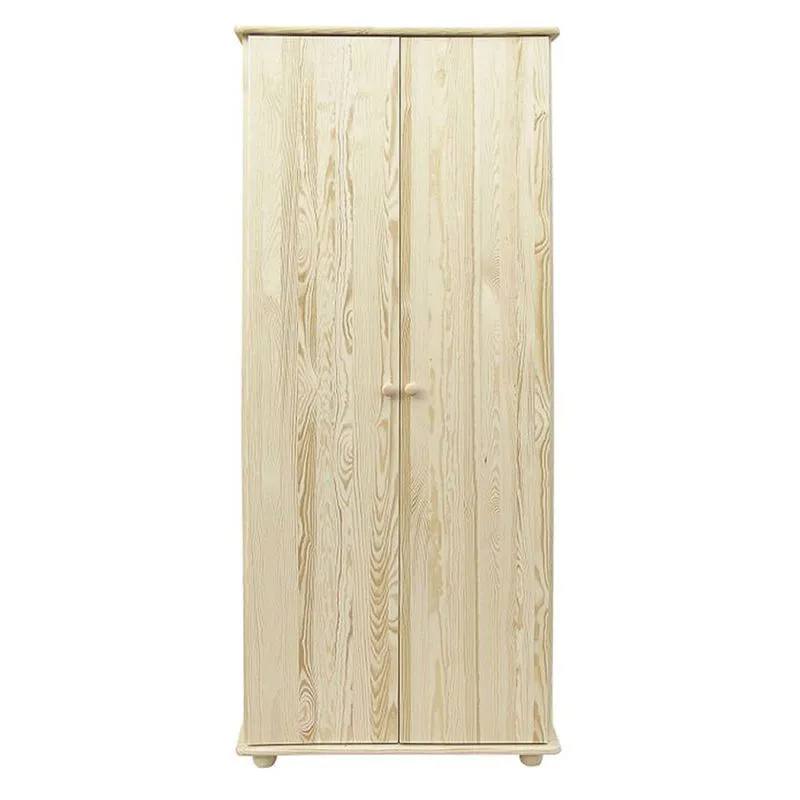 Kleiderschrank | 2 Drehtüren | 5 Fächer | mit Kleiderstange | 84 cm breit | Massivholz | Farbe: Natur Abbildung