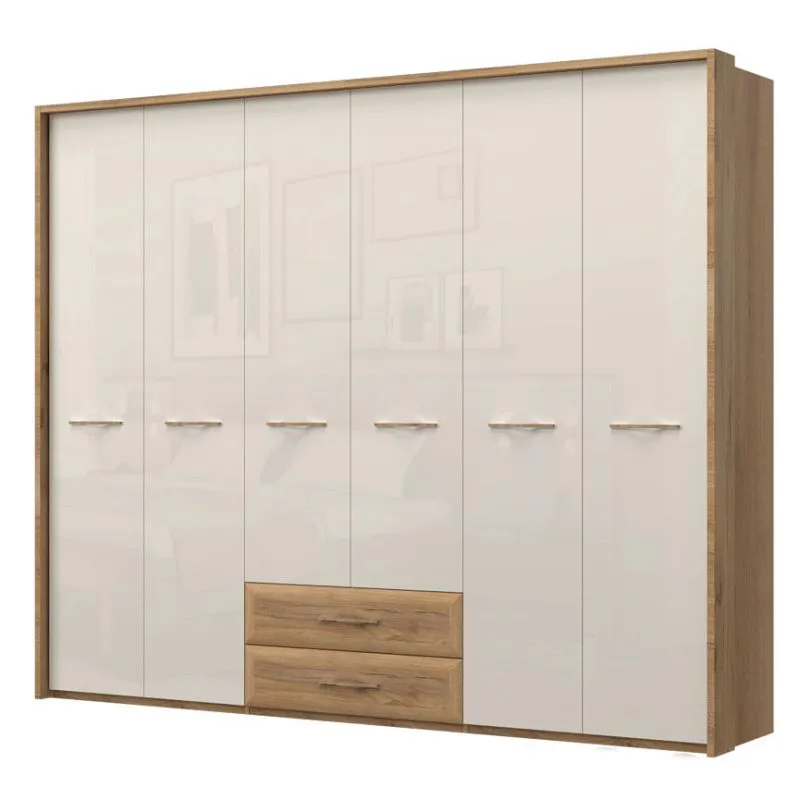 272 cm breiter Kleiderschrank mit 6 Türen, 7 Fächern und 2 Schubladen | Farbe: Beige | Tiefe: 56 cm Abbildung