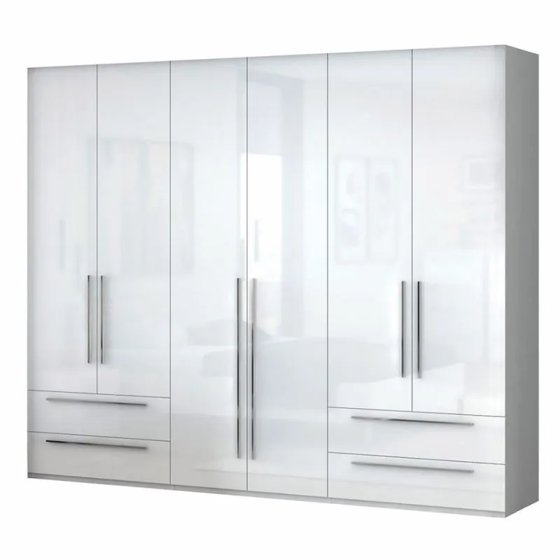 Kleiderschrank | 6 Drehtüren | 4 Schubladen | 5 Fächer | mit 3 Kleiderstangen | 272 cm breit | Farbe: Weiß Abbildung