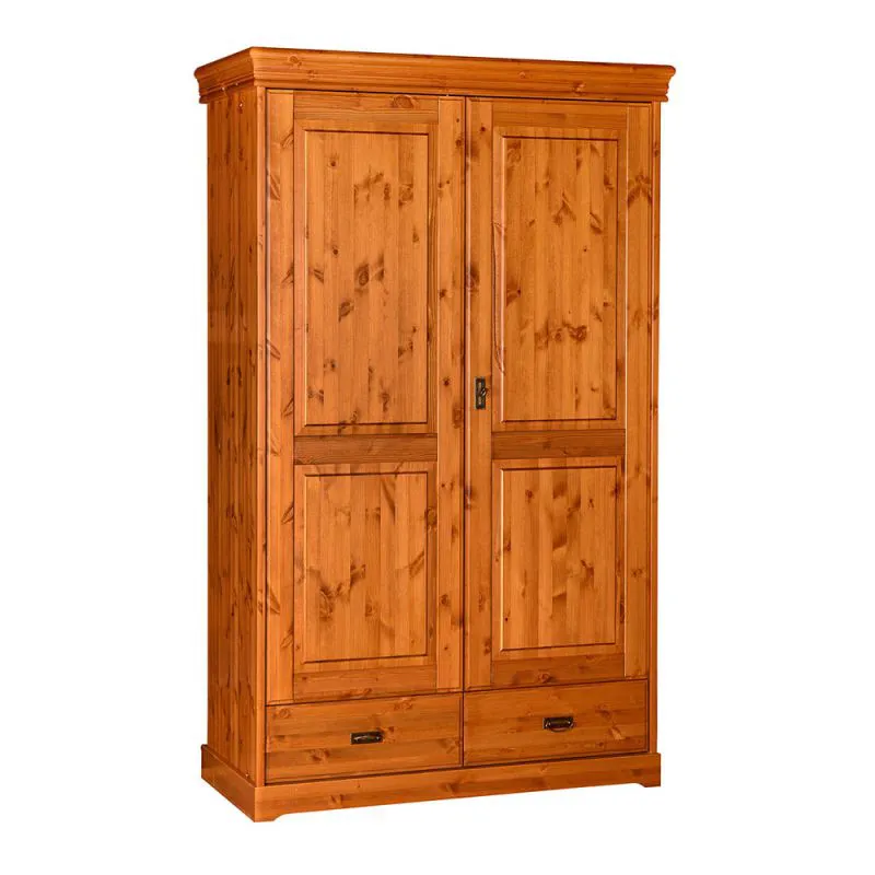 Kleiderschrank | 2 Drehtüren | 5 Fächer | 2 Schubladen | mit Kleiderstange | 132 cm breit | Massivholz | Farbe: Kiefer Abbildung