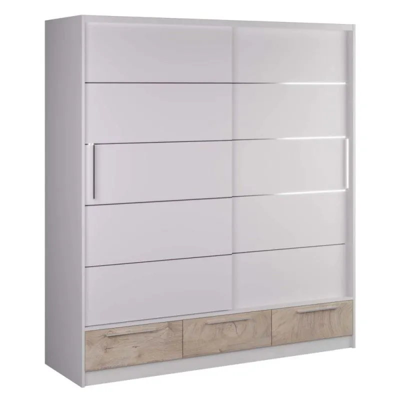 Kleiderschrank | 2 Schiebetüren | 3 Schubladen | 5 Fächer | mit Kleiderstange | 149 cm breit | Farbe: Eiche / Weiß Abbildung