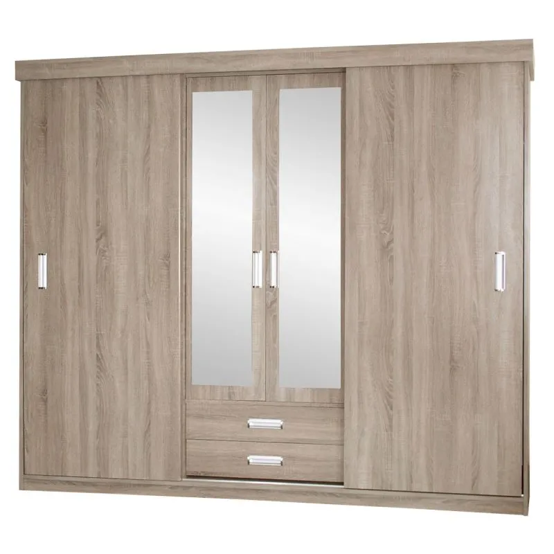 2 Meter breiter Kleiderschrank mit 4 Türen, 5 Fächern und 2 Schubladen | Farbe: Sonoma Eiche | Tiefe: 62 cm Abbildung
