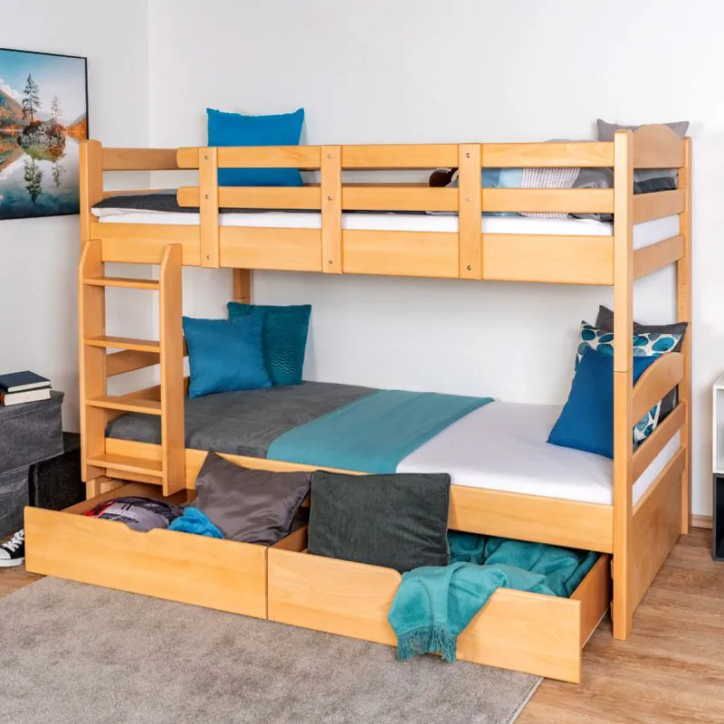 Etagenbett mit Stauraum / 2 Schubladen für Kinder 90 x 200 cm | Massivholz: Buche | Natur Lackiert | umbaubar in 2 Einzelbetten | Premium-Qualität | inkl. Rollroste Abbildung