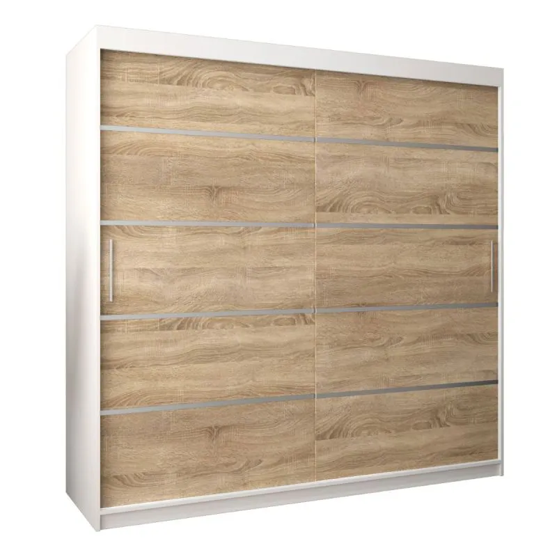 200 cm breiter Schiebetürenschrank mit 2 Türen | 10 Fächer | 2 Kleiderstangen | Farbe: Sonoma Eiche / Weiß Abbildung