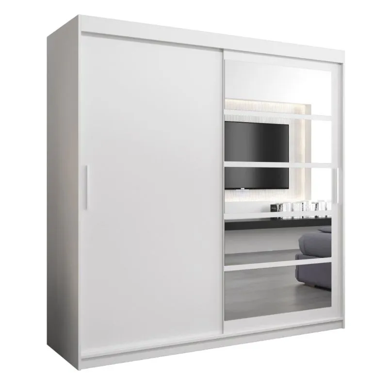 200 cm breiter Schiebetürenschrank mit 2 Türen | 10 Fächer | 2 Kleiderstangen | Farbe: Weiß Abbildung