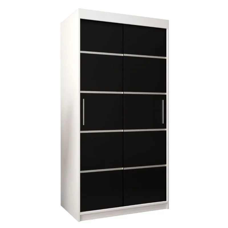 100 cm breiter Schiebetürenschrank mit 2 Türen | 5 Fächer | 2 Kleiderstangen | Farbe: Weiß / Schwarz Abbildung