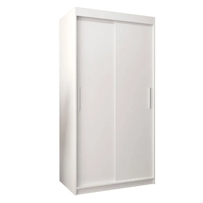 100 cm breiter Schiebetürenschrank mit 2 Türen | 5 Fächer | 2 Kleiderstangen | Farbe: Weiß Abbildung