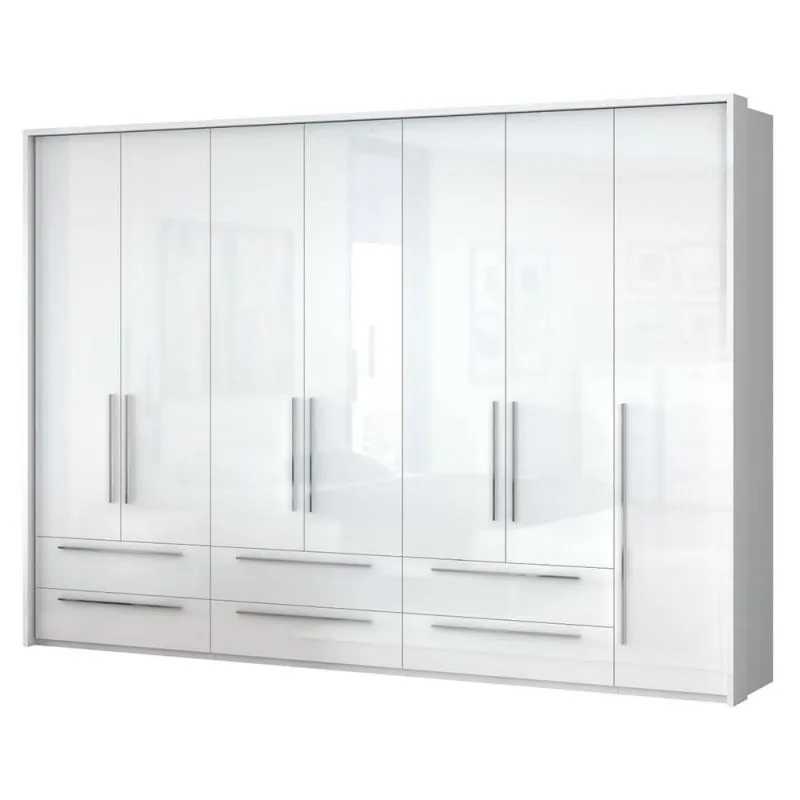 Schlafzimmer - Kleiderschrank mit Rahmen, Farbe: Weiß / Weiß Hochglanz - 226 x 322 x 60 cm (H x B x T) Abbildung