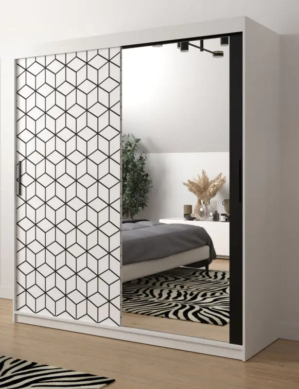 Kleiderschrank mit stylischen Design Dom 94, Farbe: Weiß matt / Schwarz matt - Abmessungen: 200 x 180 x 62 cm (H x B x T), mit einer Spiegeltür