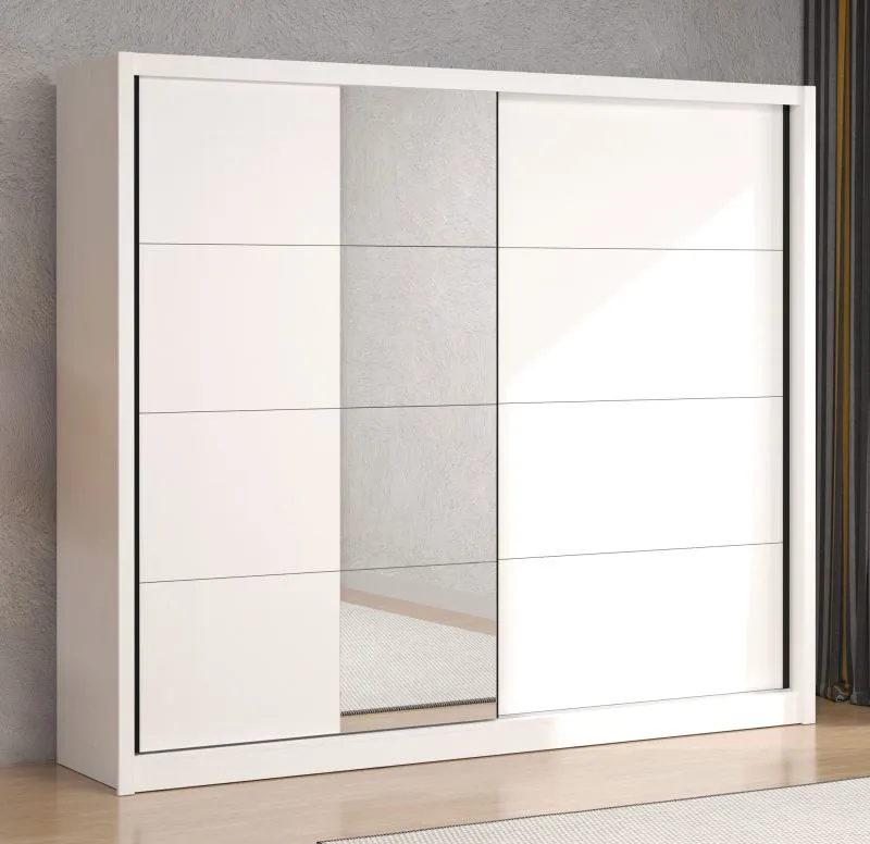 Schiebetürenschrank 2,5 Meter breit Apatin 06, Farbe: Weiß, zwei Kleiderstangen, 10 Fächer, Maße: 215,5 x 251 x 60 cm, Spiegel, ABS-Kantenschutz