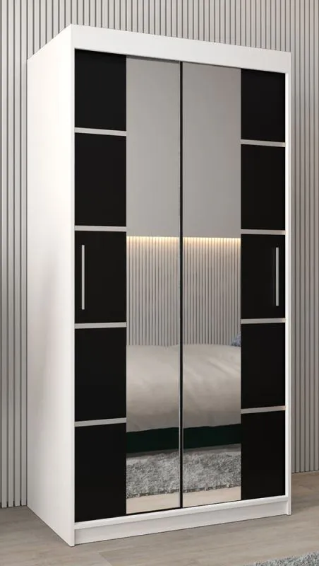 Schiebetürenschrank / Kleiderschrank Jan 01D mit Spiegel, Farbe: Weiß matt / Schwarz - Abmessungen: 200 x 100 x 62 cm ( H x B x T)