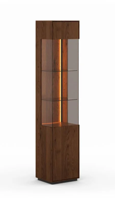 Vitrine Sienne 01 Türanschlag linksseitig, in Tabacco geölt, Massivholz, Maße: 205 x 43 x 37 cm, eine Tür, getöntes Glas, sechs Fächer, inkl. LED-Beleuchtung