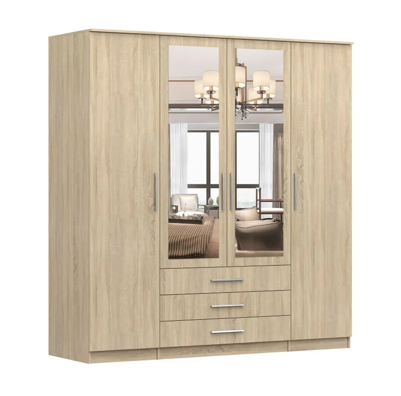 Kleiderschrank / Drehtürenschrank 2 Meter breit | Kopaonik 06 | Sonoma Eiche | mit Spiegel | 3 Schubladen | 4 Türen | 207 x 200 x 59 cm | 6 Fächer