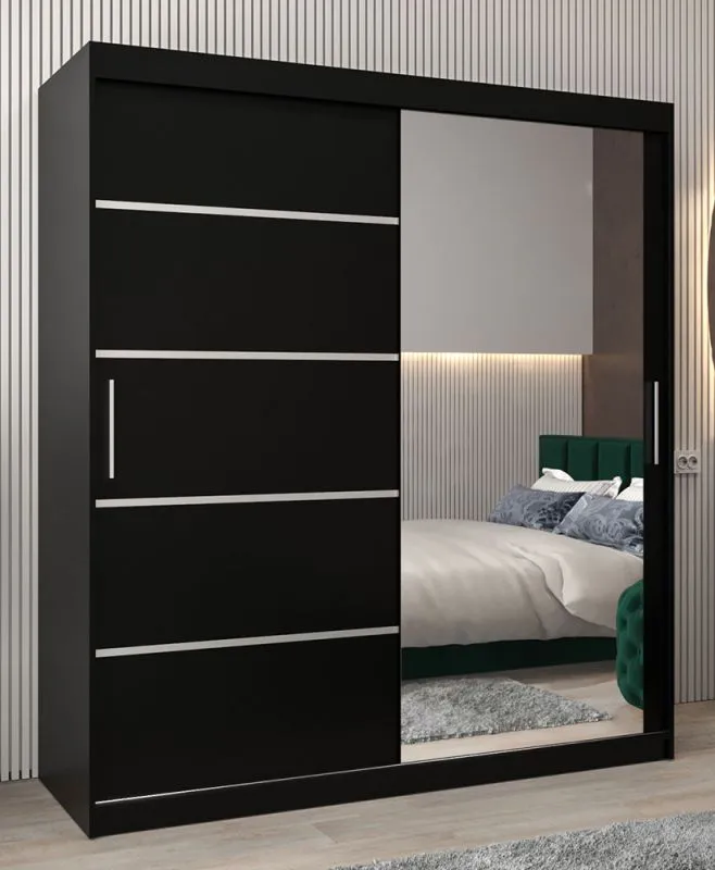 Schiebetürenschrank / Kleiderschrank Jan 04B mit Spiegel, Farbe: Schwarz - Abmessungen: 200 x 180 x 62 cm ( H x B x T)