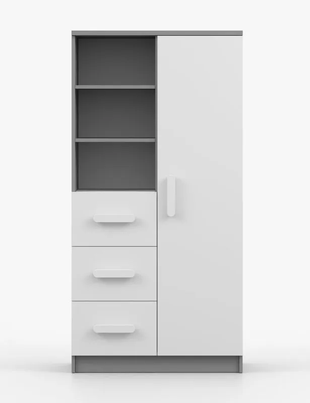 80 cm breites Bücherregal | Weiß / Grau | Smolikas 41 | 3 Schubladen | 7 Fächer | 159 x 80 x 40 cm | 7 Fächer | weiße Griffe | Kinder | Jugend