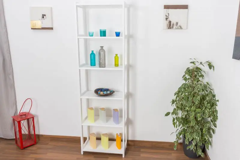 Regal, Küchenregal, Wohnzimmerregal, Bücherregal - 60 cm breit, Kiefer Holz-Massiv, Farbe: Weiß Abbildung