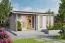 Gartenhaus G169 Lichtgrau inkl. Fußboden und Terrasse - 44 mm Blockbohlenhaus, Grundfläche: 19,20 m², Satteldach