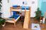 Etagenbett L-Form  90 x 200 cm | Buche massiv | natur lackiert | mit Regal und Rutsche | inkl. Rollrost | teilbar Abbildung