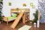 Etagenbett L-Form  90 x 200 cm | Buche massiv | natur lackiert | mit Regal und Rutsche | inkl. Rollrost | teilbar Abbildung