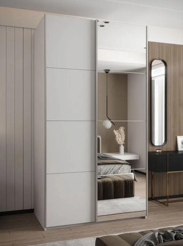 Kleiderschrank / Schiebetürenschrank | 2 Schiebetüren | 245,5 x 130 x 64 cm | 6 Fächer | Farbe: Weiß | 2 Kleiderstangen | Soft-Close | Spiegel