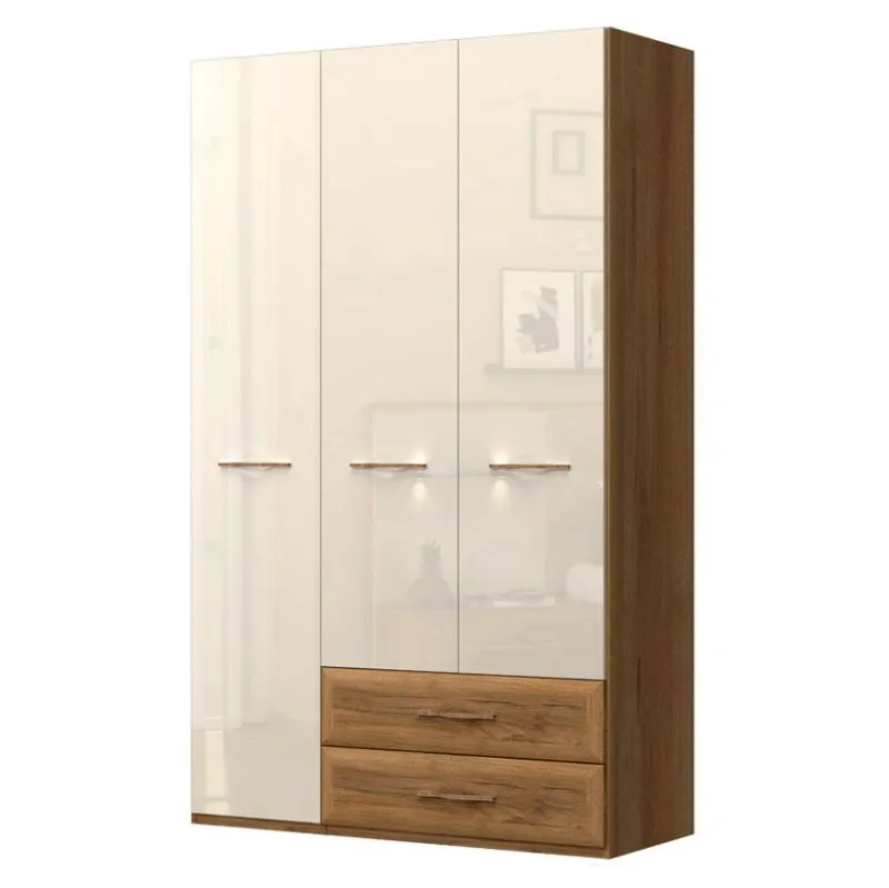 137 cm breiter Kleiderschrank mit 3 Türen, 5 Fächern und 2 Schubladen | Farbe: Beige | Tiefe: 56 cm Abbildung