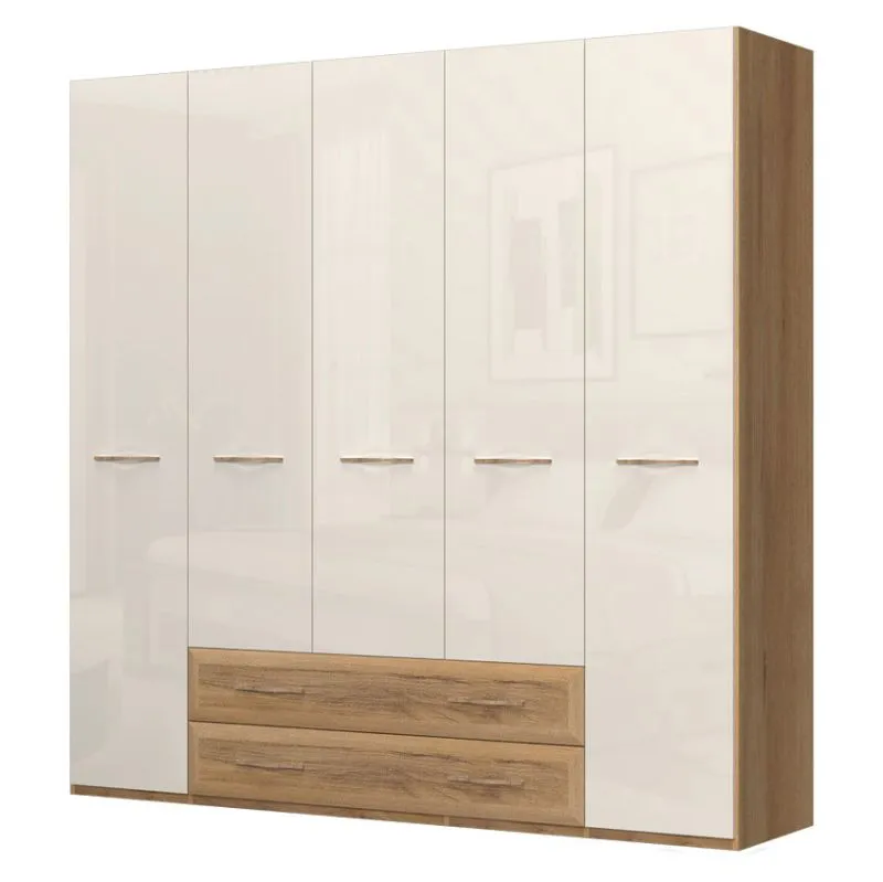 227 cm breiter Kleiderschrank mit 5 Türen, 8 Fächern und 2 Schubladen | Farbe: Beige | Tiefe: 56 cm Abbildung