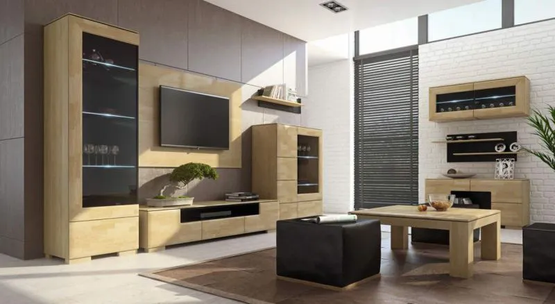 Wohnzimmermöbel Wohnzimmer Komplett - Set J Lipik, 12-teilig, teilmassiv, Farbe: Eiche / Schwarz Abbildung