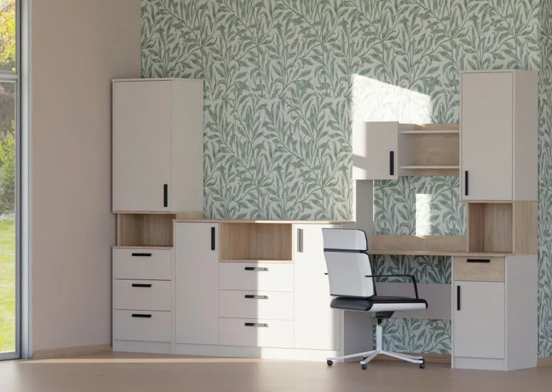 Jugendmöbel - Set L Fafe | 3-teilig | Farbe: Kaschmir / Eiche Cremona | schmaler Schrank | Schreibtisch mit Aufsatz | Kommode | dunkle Griffe | Soft-Close-Funktion