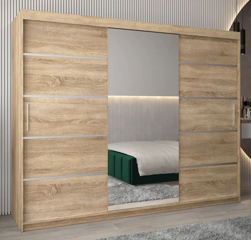 Schiebetürenschrank / Kleiderschrank Jan 06B mit Spiegel, Farbe: Eiche Sonoma - Abmessungen: 200 x 250 x 62 cm ( H x B x T)