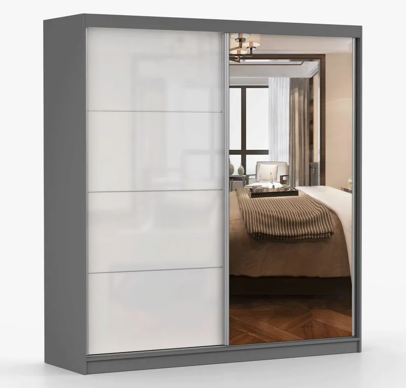 Schiebetürenschrank / Kleiderschrank mit Spiegel | 218 x 183 x 61 cm | Weiß / Grau | Gorski 03 | 2 Türen | 6 Fächer | viel Stauraum | Aufbewahrung