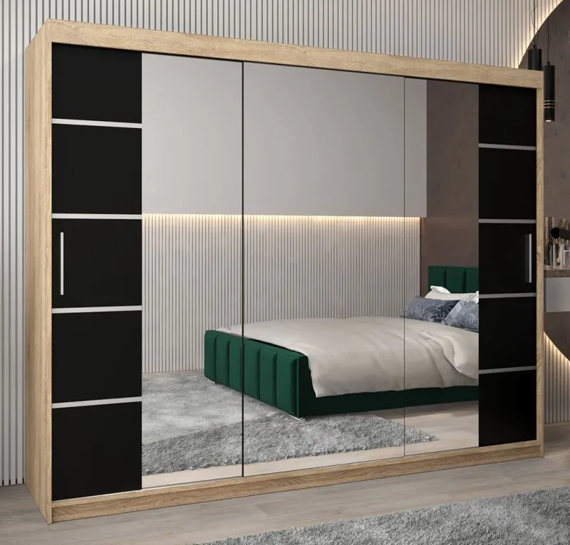 250 cm breiter Kleiderschrank mit 3 Türen | 10 Fächer | Farbe: Sonoma Eiche Abbildung