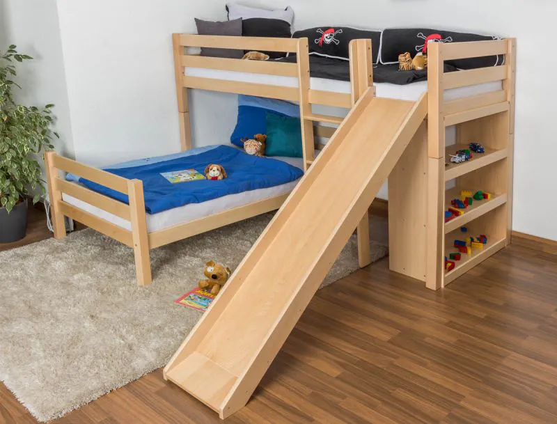 Etagenbett / Spielbett Phillip Buche massiv natur mit Rutsche und Regal, inkl. Rollrost - 90 x 200 cm, teilbar