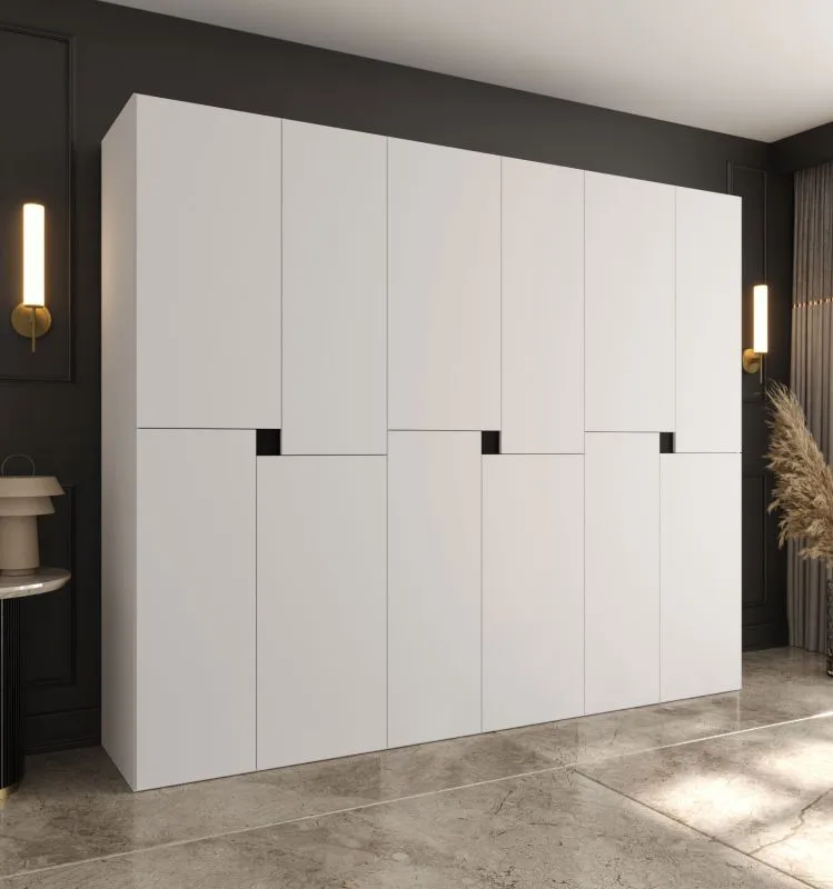 Drehtürenschrank / Kleiderschrank | Weiß | 12 Drehtüren | 9 Fächer | 3 Kleiderstangen | 240 x 52 x 203 cm | hochwertig Verarbeitet | grifflose Türen | Soft-Close Funktion