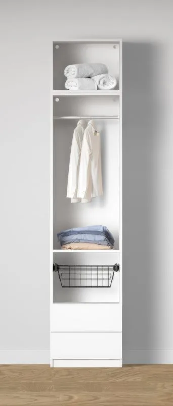 Offener Kleiderschrank | 1 Wäschekorb | Farbe: Weiß | 2 Schubladen | 1 Kleiderstange | 51,5 x 55 x 234 cm | 1 Fach | für Ankleidezimmer