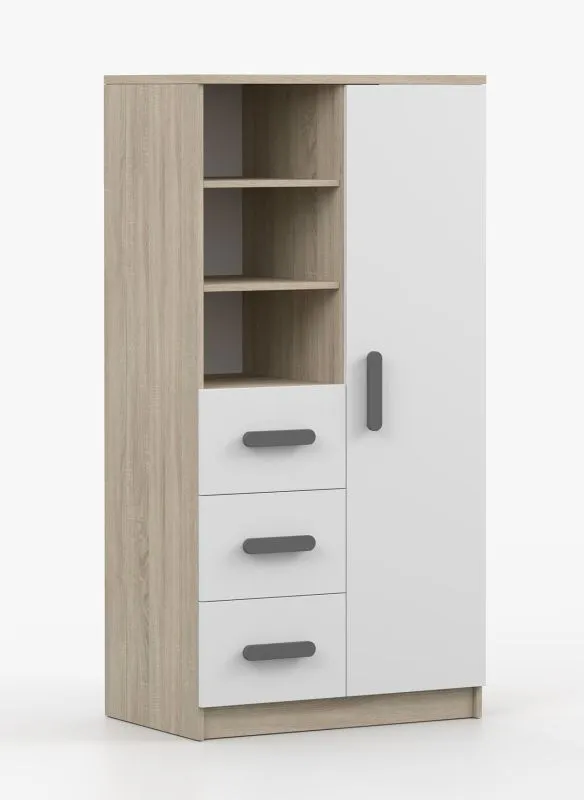80 cm breites Bücherregal | Weiß / Sonoma Eiche | Smolikas 32 | 159 x 80 x 40 cm | 3 Schubladen | 7 Fächer | graue Griffe | Kinder | Jugend