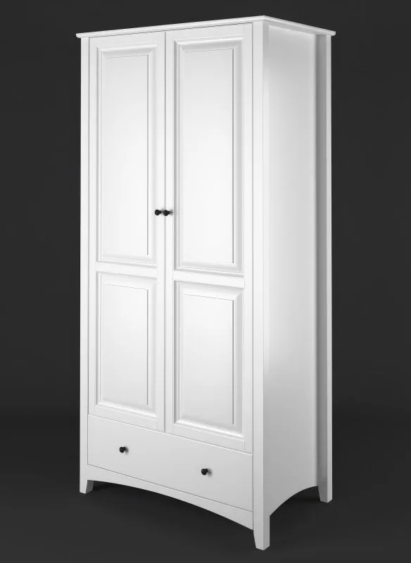 Edler Kleiderschrank in Weiß mit großen Schublade Lagopus 118, Kiefer Massivholz, 200 x 92 x 60 cm, 2 Türen, 1 Kleiderstange, 3 Einlegeböden, 4 Fächer