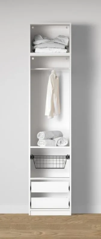 Offener Kleiderschrank | 1 Wäschekorb | Farbe: Weiß | 2 Innenschubladen | 1 Kleiderstange | 51,5 x 55 x 234 cm | 1 Fach | schlichtes Design