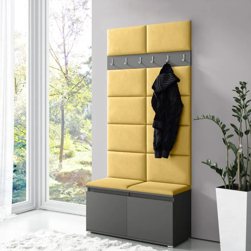 Garderobe 01 mit Sitzbank und Wand gepolstert, Graphit/Naples Yellow, 215 x 100 x 40 cm, Schuhschrank für 8 Paar Schuhe, 6 Kleiderhaken, 4 Fächer