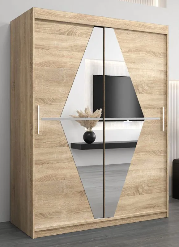 Schiebetürenschrank / Kleiderschrank Alphubel 03 mit Spiegel, Farbe: Eiche Sonoma - Abmessungen: 200 x 150 x 62 cm ( H x B x T)