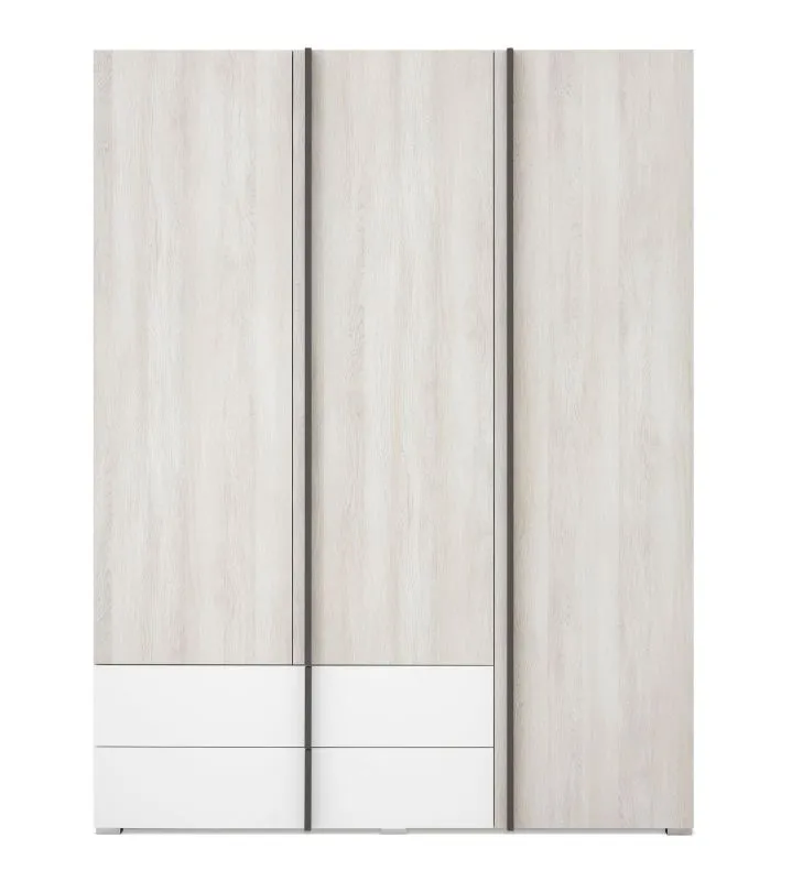 Großer Schrank mit drei Türen Schilde 01, Farbe: Eiche Weiß / Weiß / Anthrazit - Abmessungen: 195 x 150 x 53 cm (H x B x T)