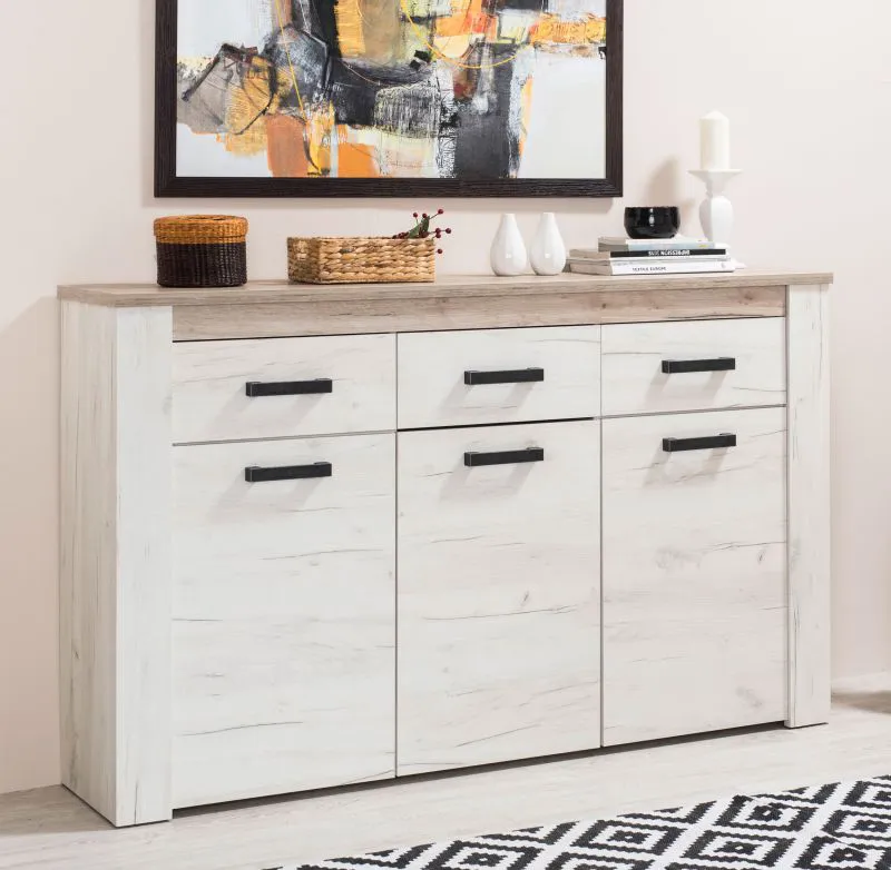 Moderne Kommode / Sideboard mit drei Schubladen Zemun 01, Farbe: Eiche Grau / Eiche Weiß, drei Türen, sechs Fächer, Maße: 98 x 160 x 36,5 cm