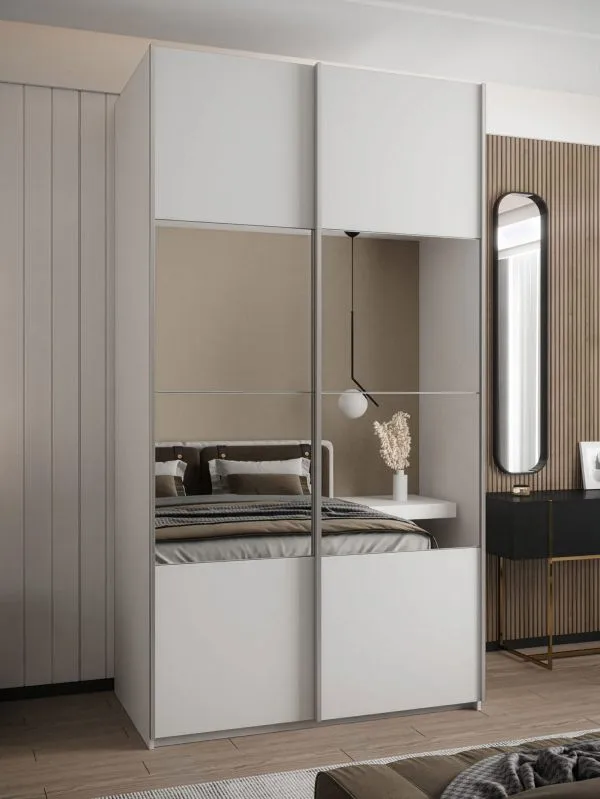 Kleiderschrank / Schiebetürenschrank | 2 Kleiderstangen | 245,5 x 130 x 64 cm | 6 Fächer | 2 Schiebetüren | Spiegel | Soft-Close | Farbe: Weiß