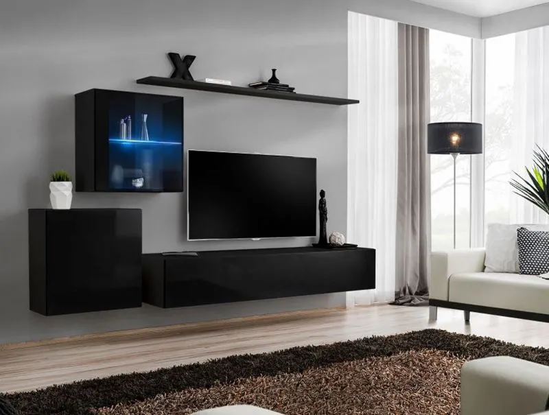 Wohnwand im schlichten Design Balestrand 226, Farbe: Schwarz - Abmessungen: 150 x 250 x 40 cm (H x B x T), mit Push-to-open Funktion