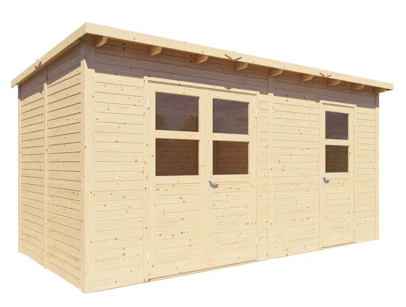 Gartenhaus aus Holz unbehandelt, inkl. Fußboden, 4,48 x 2,34 Meter, Elementgartenhaus, Flachdach, Doppeltür und Einzeltür mit Sicherheitsglas