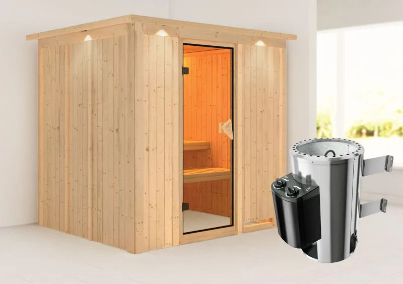 Sauna "Agnar" SET mit bronzierter Tür und Kranz mit Ofen 3,6 kW integ. Steuerung - 210 x 184 x 202 cm (B x T x H)