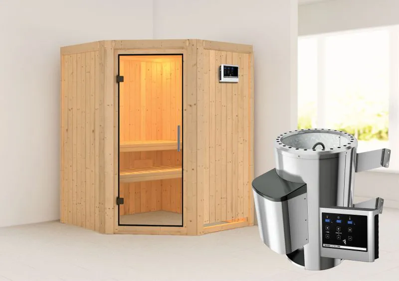 Sauna "Loran" SET mit Klarglastür - Farbe: Natur, Ofen externe Steuerung easy 3,6 kW - 151 x 151 x 198 cm (B x T x H)