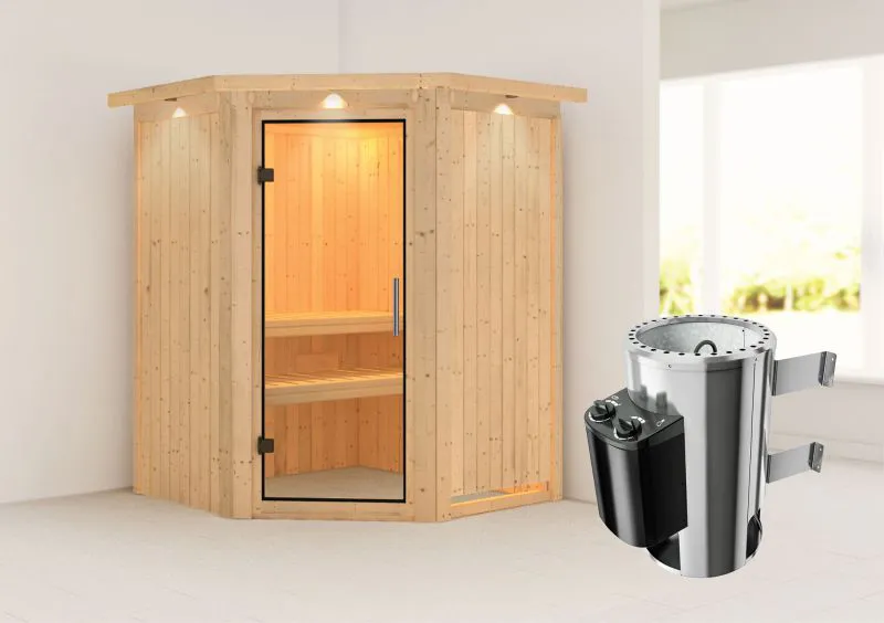 Sauna "Loran" SET mit Klarglastür, Kranz & Ofen 3,6 kW - 165 x 165 x 202 cm (B x T x H)