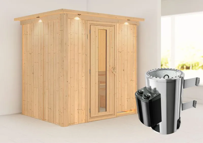 Sauna "Jarle" SET mit Energiespartür, Kranz und Ofen 3,6 kW - 210 x 165 x 202 cm (B x T x H)